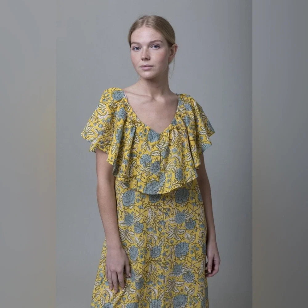 MILLE Resort & Travel Juliet Yellow Blue Floral Ruffle Maxi Summer Cotton Dress